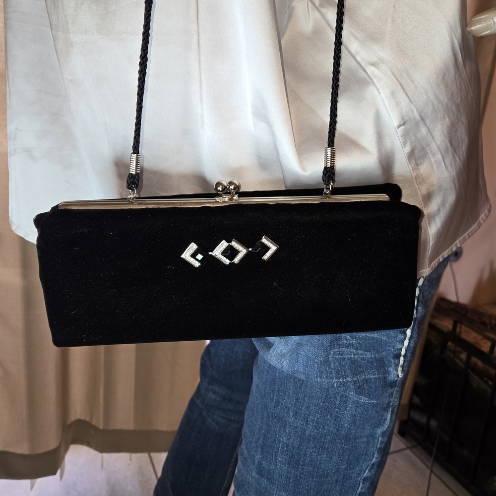 Kate Landry Black Velvet Clutch Crossbody Rhinestone Kiss Elegant Clutch Bag
